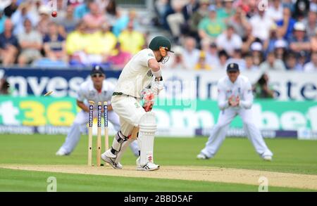 David Warner, de l'Australie, est animé par Stuart Broad, de l'Angleterre, au cours du deuxième jour du quatrième match d'essai Investec Ashes à l'Emirates Durham ICG, Durham. Banque D'Images