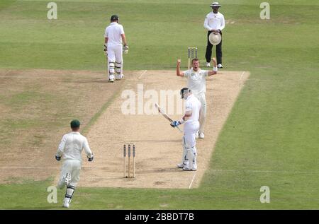 Le wailer australien Peter Siddle célèbre après avoir pris le batteur de cricket d'Angleterre Matthew avant 31, au cours du troisième jour du premier match d'essai Investec Ashes à Trent Bridge, Nottingham. Banque D'Images