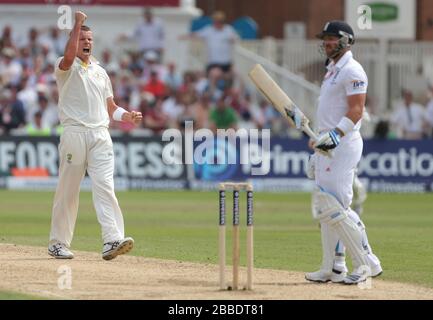 Le wailer australien Peter Siddle célèbre après avoir pris le batteur de cricket d'Angleterre Matthew avant 31 au cours du troisième jour du premier match d'essai Investec Ashes à Trent Bridge, Nottingham. Banque D'Images