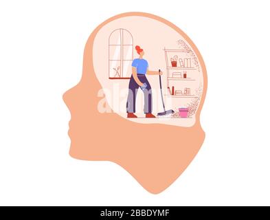 Femme de ménage de dessin animé avec balai à franges et chiffon nettoyer la salle à l'intérieur de la tête géante illustration plate vectorielle Illustration de Vecteur