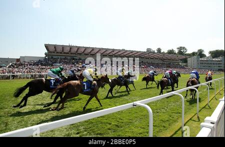 Une vue générale du terrain lorsqu'ils passent devant le Grand stand dans le Coral Challenge lors de la journée Coral-Eclipse à l'hippodrome de Sandown Banque D'Images