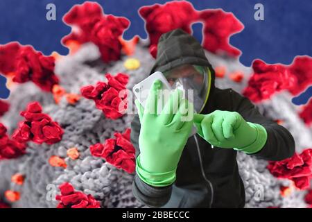 Munich, Allemagne. 31 mars 2020. ASSEMBLAGE PHOTO : image thématique de l'application Corona. Lutte contre la pandémie. L'application Corona doit être disponible dès que possible. Dans la lutte contre Corona, l'évaluation nationale des données mobiles a été mise en jeu pour identifier les chaînes d'infection. La personne tient son smartphone avec des gants de protection et porte un masque complet, un masque, un masque facial, un masque facial, un masque de protection. | utilisation dans le monde crédit: dpa/Alay Live News Banque D'Images