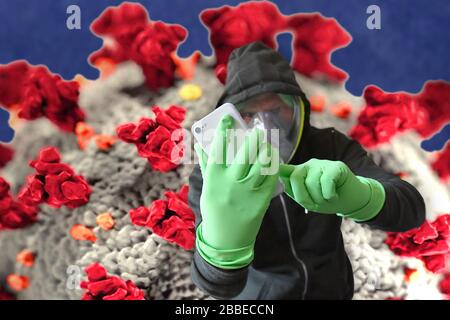 Munich, Allemagne. 31 mars 2020. ASSEMBLAGE PHOTO : image thématique de l'application Corona. Lutte contre la pandémie. L'application Corona doit être disponible dès que possible. Dans la lutte contre Corona, l'évaluation nationale des données mobiles a été mise en jeu pour identifier les chaînes d'infection. La personne tient son smartphone avec des gants de protection et porte un masque complet, un masque, un masque facial, un masque facial, un masque de protection. | utilisation dans le monde crédit: dpa/Alay Live News Banque D'Images