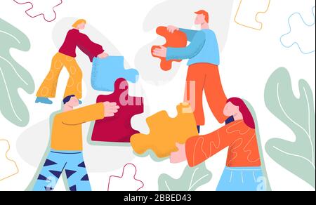 Les gens de bande dessinée travaillant ensemble reliant des puzzles pièces vecteur illustration plate Illustration de Vecteur