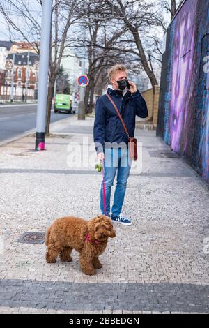 Homme marche chien portant un masque de protection Banque D'Images