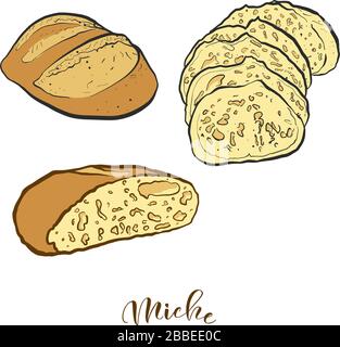 Dessin coloré de pain Miche. Illustration vectorielle de la nourriture avec levain, généralement connue en France. Croquis de pain colorés. Illustration de Vecteur
