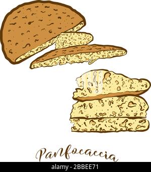 Dessin coloré de pain Panfocacia. Illustration vectorielle de la nourriture avec levain, généralement connue en Italie. Croquis de pain colorés. Illustration de Vecteur