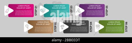 Infographie de forme de modèle vectoriel. Concept commercial avec 6 flèches et étiquettes. Six étapes pour le contenu, le graphique, les diagrammes, le diaporama Illustration de Vecteur