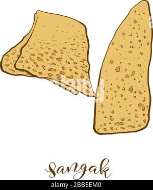 Dessin coloré de pain Sangak. Illustration vectorielle de la nourriture de Sourdough, généralement connue en Iran. Croquis de pain colorés. Illustration de Vecteur