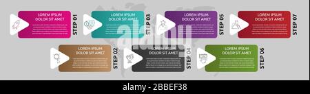 Infographie de forme de modèle vectoriel. Concept commercial avec 7 flèches et étiquettes. Sept étapes pour le contenu, l'organigramme, la chronologie, les niveaux Illustration de Vecteur