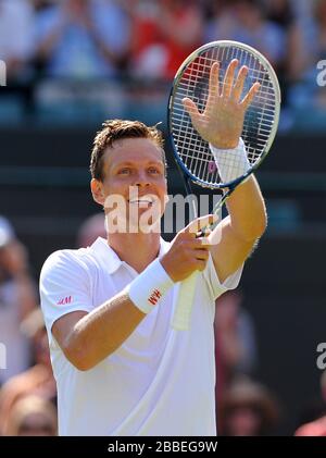 Tomas Berdych, de la République tchèque, célèbre la défaite de Kevin Anderson, en Afrique du Sud Banque D'Images