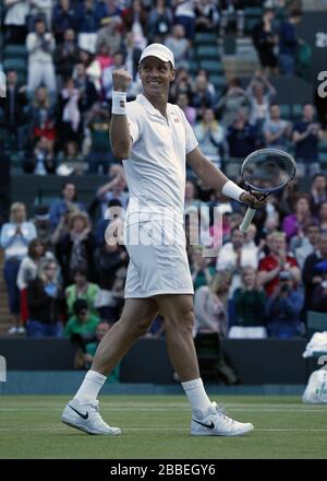 Tomas Berdych, de la République tchèque, célèbre la défaite de Bernard Tomic, en Australie Banque D'Images