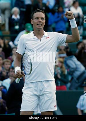 Tomas Berdych, de la République tchèque, célèbre la défaite de Bernard Tomic, en Australie Banque D'Images