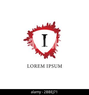 Modèle de logo lettre I alphabet. Éclaboussure de sang avec forme de bouclier dans le milieu. Assurance, protection, horreur, sécurité. Logo Abjad initial Illustration de Vecteur