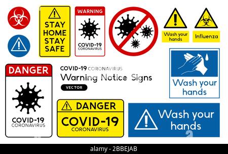 Un ensemble de panneaux et d'avis d'avertissement relatifs à la pandémie mondiale de Covid-19 Coronavirus. Illustration vectorielle Illustration de Vecteur