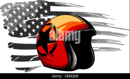 Casque classique à moto orange avec visière en verre transparent. Illustration vectorielle isolée sur fond blanc, Illustration de Vecteur