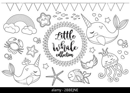 Little Whale unicorn set Coloring page de livre pour les enfants. Collection de style de contour d'esquisse d'élément de conception. Enfants clip art drôle sourire kit. Vecteur Illustration de Vecteur