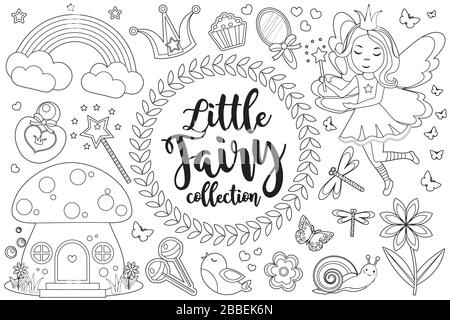 Joli petit jeu de fées Coloring page de livre pour les enfants. Collection de style de contour d'esquisse d'élément de conception. Enfants clip art drôle sourire kit. Vecteur Illustration de Vecteur