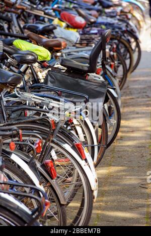 Une rangée de bicyclettes différentes stationnées à l'extérieur dans le parking. Vertical. Porte-vélos Banque D'Images