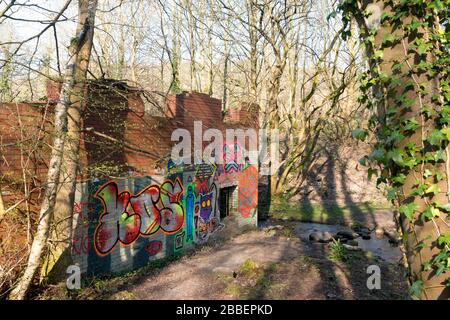 Graffitis colorés dans un bâtiment délabrée dans un environnement rural, Ludenden foot, West Yorkshire Banque D'Images