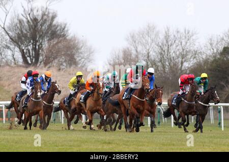 Le terrain dans l'action de course dans le TurfTV novices handicap Hurdle Banque D'Images