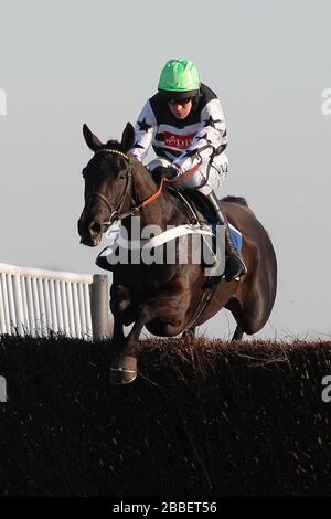 Le gagnant de la course Owen Glendower a été chahuté par Barry Geraghty lors de l'action de saut pendant le Weatherbys Cheltenham Festival Betting Guide Novices Chase Banque D'Images