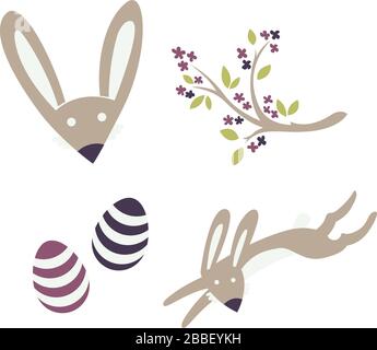 Bunny, brindilles et eastereggs en fleurs. Éléments vectoriels pour Pâques ou printemps. Illustration de Vecteur