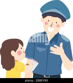 Illustration d'une fille de Kid Intervisionnement d'un homme de police à propos de son travail et rédaction de notes vers le bas Banque D'Images