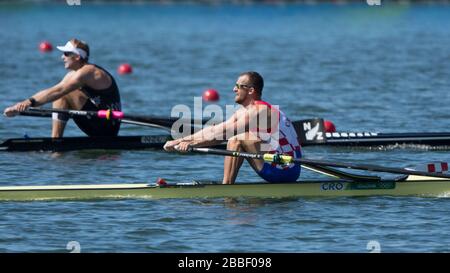 Rio de Janeiro. BRÉSIL CRO M1X. Damir MARTIN 2016 régate olympique d'aviron. Lagoa Stadium, Copacabana, “Jeux Olympiques d’été” Rodrigo de Freitas Lagoon, Lagoa. Heure locale 10:38:25 Samedi 13/08/2016 [crédit obligatoire; images Peter SPURRIER/Intersport] Banque D'Images