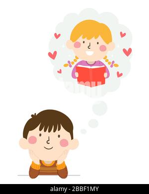 Illustration d'un garçon de Kid penser à sa Crush, une fille de Kid Smiling et de tenir un livre dans un nuage de pensée Banque D'Images