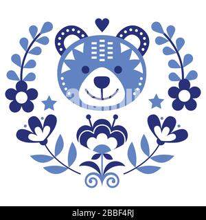 Ours scandinave art folklorique à motif rond vectoriel avec fleurs et couronne, carte de vœux à motif fleuri nordique ou invitation inspirée de la broderie traditionnelle Illustration de Vecteur