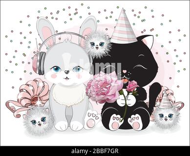 joli chat noir et lapin dans un casque avec des cadeaux. Dessin à la main style dessin animé, pour t-shirt porter imprimé mode, carte de vœux, Illustration de Vecteur