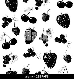 Fruits biologiques juteux naturels délicieux modèle sans couture avec bleuets, cassis, framboises, fraises, cerises, illustrati noir vectoriel Illustration de Vecteur