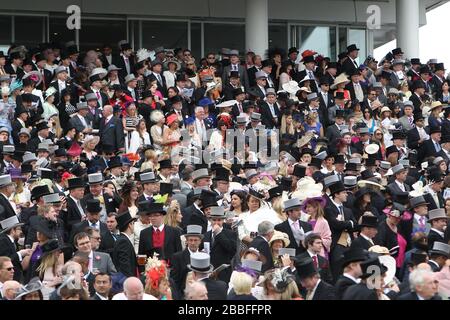 Les amateurs de course s'imprégnent de l'atmosphère de l'hippodrome d'Epsom Downs le Derby Day Banque D'Images