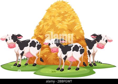 Scène avec trois vaches et pile de foin illustration Illustration de Vecteur