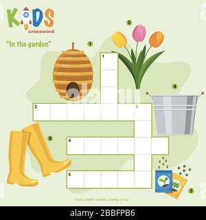 Puzzle à mots croisés facile « Dans le jardin », pour les enfants de l'école primaire et moyenne. Moyen amusant de pratiquer la compréhension du langage et d'élargir le vocabulaire. Illustration de Vecteur