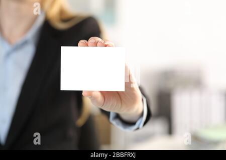 Gros plan sur la main de la femme de direction montrant une carte de visite vierge à l'appareil photo au bureau Banque D'Images