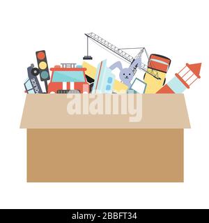 Boîte en carton avec jouets pour enfants sur fond blanc. Illustration vectorielle. Organisation de la salle ou concept de charité Illustration de Vecteur