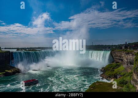 Expédier vers les chutes du Niagara avec des passagers portant des manteaux rouges Banque D'Images