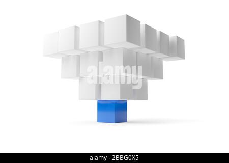 Pyramide de cube blanche se tenant sur un cube bleu sur fond blanc - module logiciel, concept de travail d'équipe ou de leadership, illustration tridimensionnelle Banque D'Images