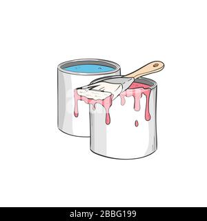 pot avec émulsion de peinture. Peinture dans les seaux. Seaux à brosse et à peinture. Pinceau, couleur rouge. Peinture pour murs. Illustration graphique vectorielle. Mise en plan Illustration de Vecteur
