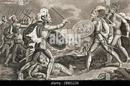 BATAILLE D'AGINCOURT 25 OCTOBRE 1415. Henry V à gauche dans cette gravure du XIXe siècle. Banque D'Images