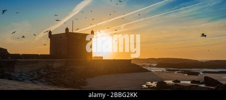 Coucher de soleil à Essaouira et vue sur le fort, Essaouira, Maroc Banque D'Images