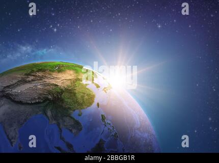Surface de la planète Terre vue d'un satellite, focalisé sur l'Asie de l'est, le soleil monte à l'horizon. Carte physique de la Chine et de la Mongolie. Illustrateur en relief Banque D'Images