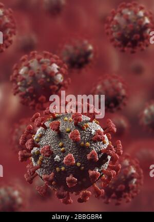 Coronavirus, COVID-19, particules du virus Corona, virions se multipliant dans le flux sanguin rouge. SARS-CoV-2 illustration médicale artistique en couleur. Banque D'Images
