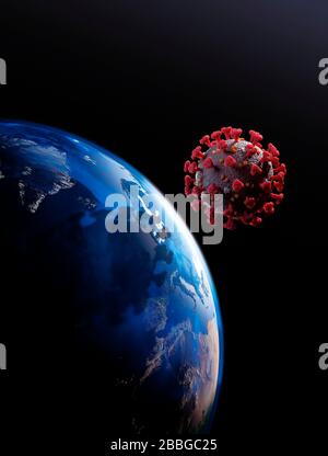 Coronavirus COVID-19 jette l'ombre sombre sur la planète Terre, vue de l'espace. Épidémie virale, illustration conceptuelle. Propagation du virus, virus pa Banque D'Images