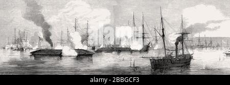 Brisant à Vicksburg, USS Arkansas qui traverse la flotte fédérale au-dessus de Vicksburg, Mississippi, le 15 juillet 1862 Banque D'Images
