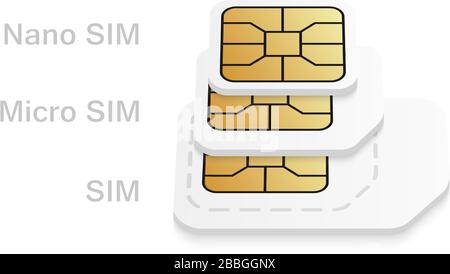 Carte SIM vierge réaliste de différentes tailles. Différents types de cartes téléphoniques : Normal, micro, Nano Illustration de Vecteur