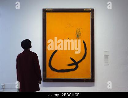 Visiteur devant la peinture du peintre moderniste espagnol Joan Miró intitulée 'Drop de l'eau sur la neige rose' (1968) affichée dans la Fundació Joan Miró (Fondation Joan Miró) à Barcelone, Catalogne, Espagne. Banque D'Images