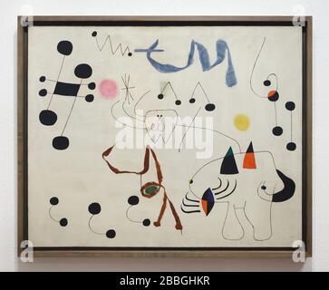 Peinture du peintre moderniste espagnol Joan Miró intitulée "Femme rêvant d'évasion" (1945) exposée dans la Fundació Joan Miró (Fondation Joan Miró) à Barcelone, Catalogne, Espagne. Banque D'Images